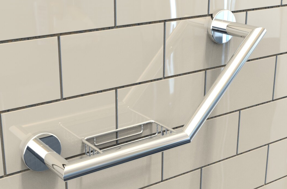 Chrome Angled Grab Rail With Soap Dish